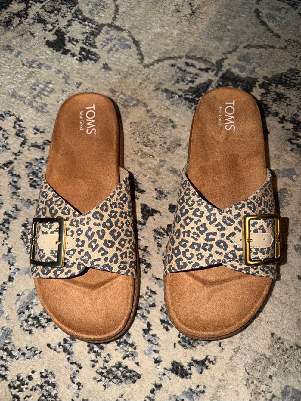 TOMS Leopard-Print Buckle Slide Sandals in Tan and Black